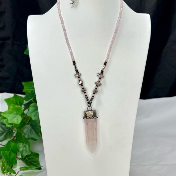 Herkimer Diamond & Rose Quartz Point Crystal Beaded Necklace - Picture 4 of 12